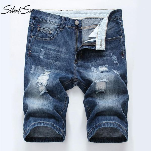 

silentsea fashion hole denim shorts for male plus size 28-42 men's shorts jeans blue color leisure short1
