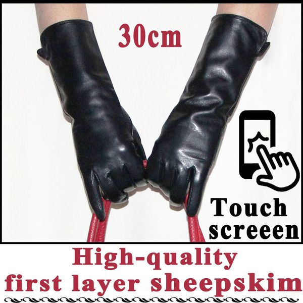 

extended gloves ladies sheepskin mid-long short winter warm leather sleeves plus velvet thickened driving touch screen, Blue;gray