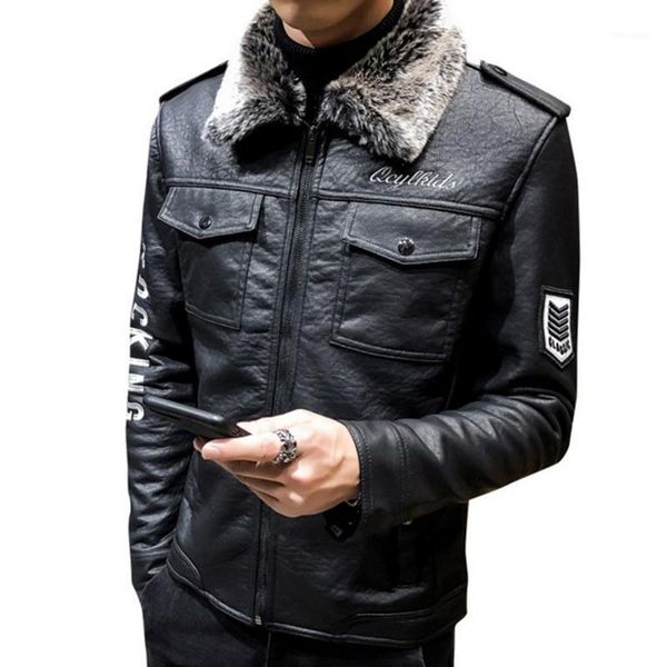 

men's leather & faux jacket for men 2021 original genuine casual punk fur collar motorcycle male winter warm pilot coat1, Black