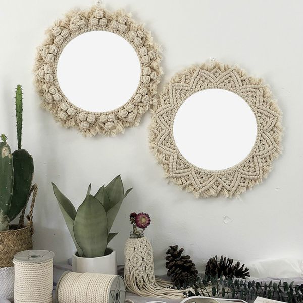 

macrame wall hanging hand-woven mirror wall tapestry boho decoration mirror bathroom bedroom home model room hanging mirror, Silver