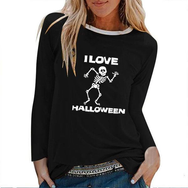 

i love halloween human skeleton printed long sleeve t-shirts women autumn winter graphic tees women fashion goth female, White