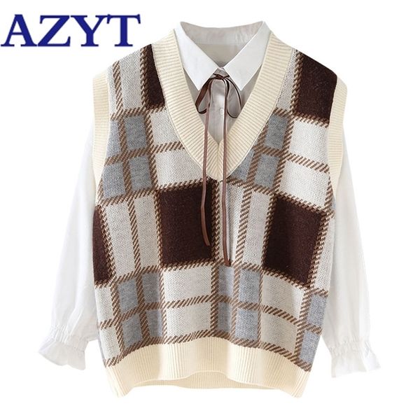 

azyt striped plaid knit pullover women vest coat vintage loose soft sleeveless sweater vest autumn casual tank female 201031, Black;white