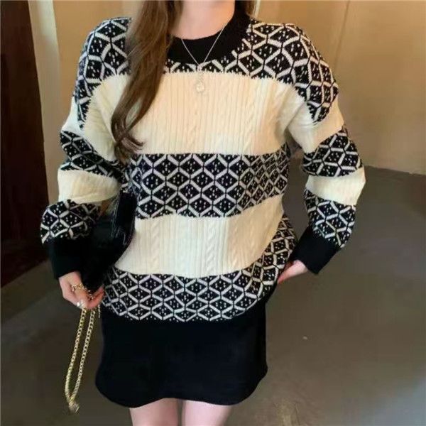 

autumn sweaters fashion round neck loose pullover luxurious printing designers striped lattice sweaters casual women designers sweaters, White;black