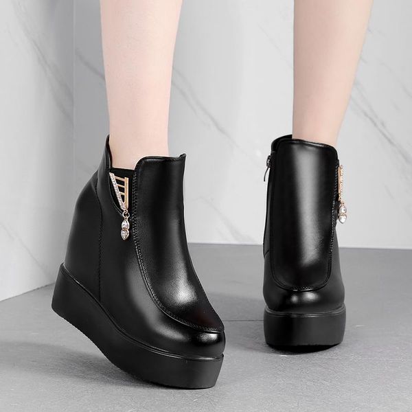 

boots women's ankle 2021 winter leather short plush warm for woman platform shoes ladies hidden heel boot 42, Black