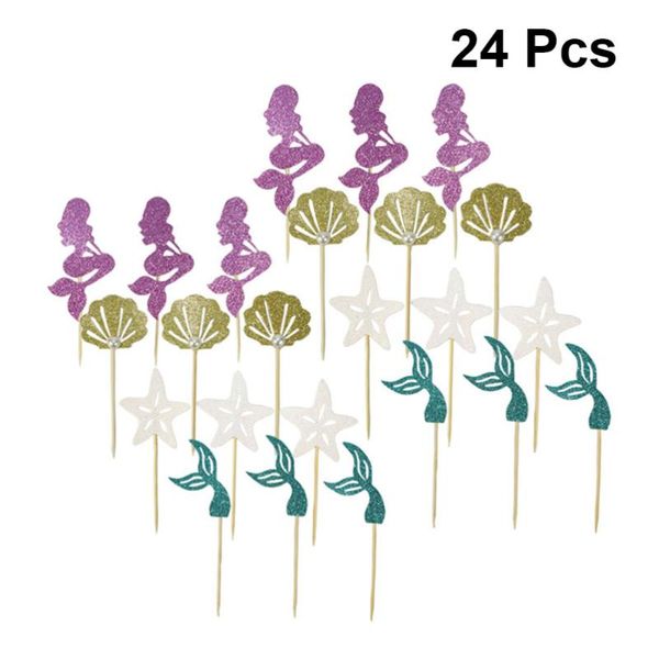 

24pcs cake er glitter sea-themed mermaid durable decorative cake picks decoration er for wedding party birthda