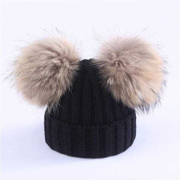 Шапочки мать дети теплые зимние колпачки реальные меховые POM Beanie шерсть вязаная шапка для мальчиков для мальчиков для мальчиков девушки Помпом еноты шарики шахты