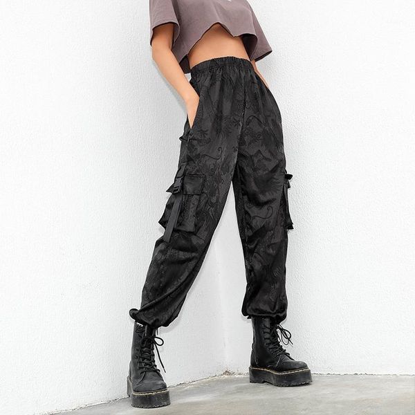 

xuxi autumn 2020 women nine points pants streetwear fashion carved satin streamer tooling high waist casual cargo pants fz25301, Black;white