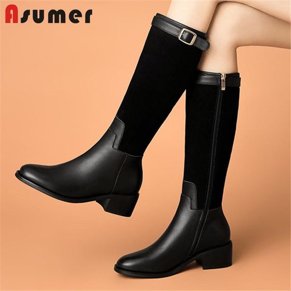

asumer women riding boots genuine leather + suede leather square heel casual shoes buckle zip knee high boots woman, Black