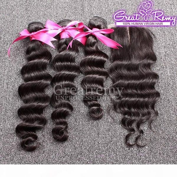 

100% indian hair weave wavy loose deep wave 1pc middle part lace closure 4"x4" with 3pcs hair bundles natural hair extensions, Black