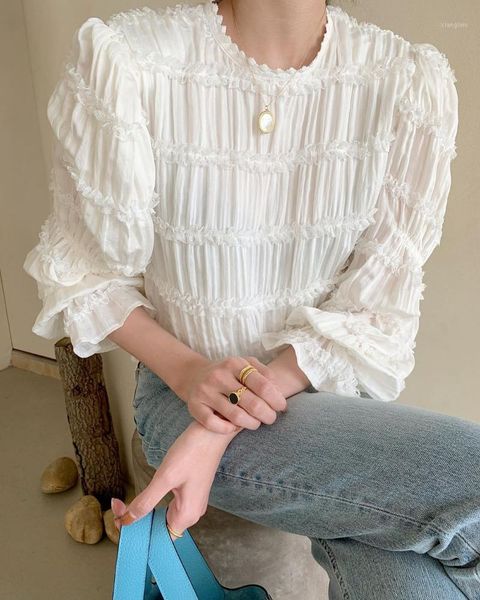 

autumn winter chiffon womens and blouses long sleeve o neck loose korean elegant casual blusas femme1, White