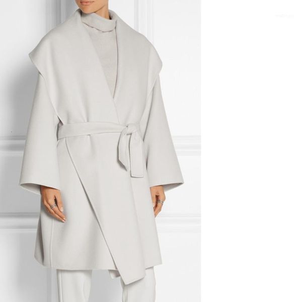 

abrigos mujer new 2020 women fall / winter simple white large lapel woolen long coat overcoat manteau femme1, Black