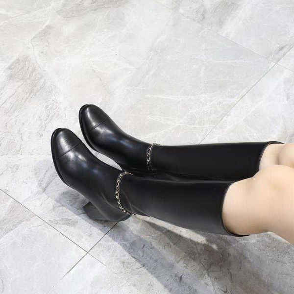 

brand designer cow leather boots knee high boots women 2020 black low heels sheepskin women's shoes slip on classics 35-401