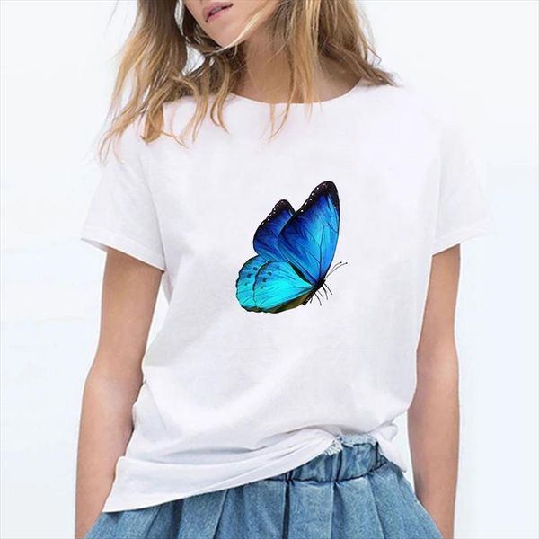 

butterfly print t shirt women short sleeve o neck loose tshirt women tee shirt female clothes camisetas mujer, White
