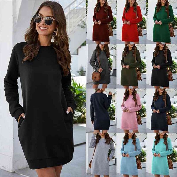 

winter women casual long sleeve solid dress fashion crew neck pockets autumn sweatshirts female straight dress, Black;gray