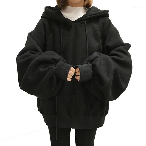 

women's hoodies & sweatshirts women fashion loose solid color hooded frenulum gilrs korean style ladies lantern sleeves sweter hoodie c, Black
