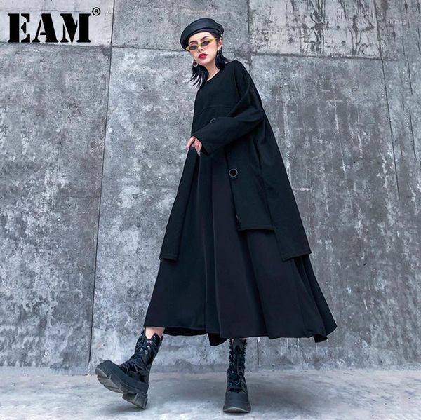 

eam] women black irregular split big size dress new round neck long sleeve loose fit fashion tide spring autumn 2020 1z6251, Black;gray