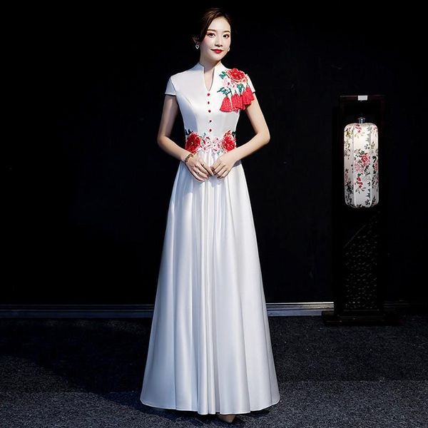 

lady elegant exquisite appliques banquet gown temperament chinese long pleated dresses tassel trim v-neck formal party dress, Red