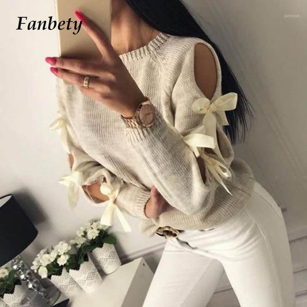 

fanbety women hollow out bowknot knitted sweater lady casual o neck long sleeve pull jumper femme winter hiver ribbed pullovers1, White;black
