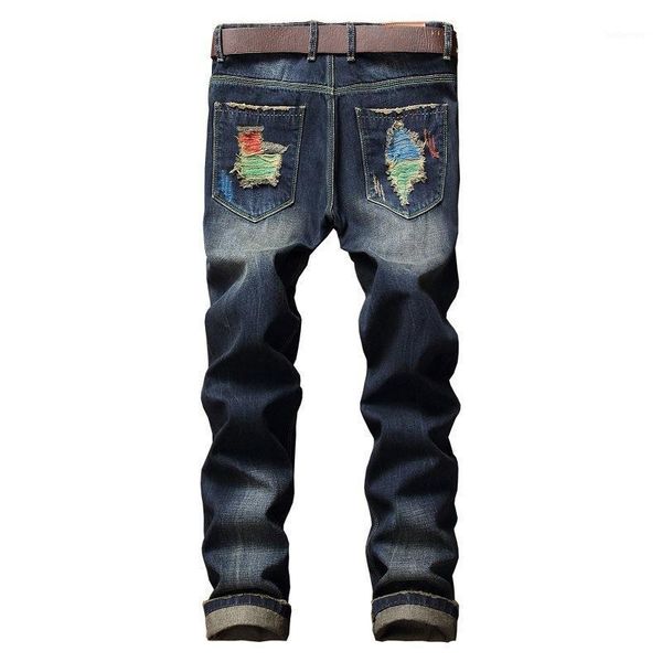 

new arrival brush paint broken hole jeans men trend tide fashion casual mens cotton plus size 28-33 34 36 38 40 421, Blue