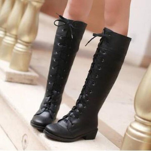 

boots women knee high low heels shoes woman booties vintage pu winter snow warm shoe chaussures femme zapatos mujer sapato nh298, Black