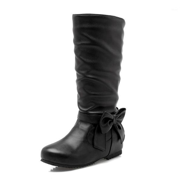 

boots bonjomarisa the big size 48 female solid silp toe mid calf women butterfly-knot short plush winter shoes woman1, Black