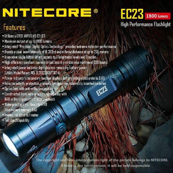 

100 оригинал nitecore ec23 1800 люмен cree xhp35 hd e2 светодиодный фонарик high performance с батареей 2500mah imr18650 35а jllqid