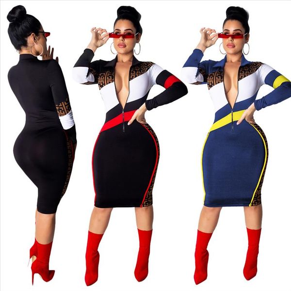 

new fashion women print dress patchwork knee length long sleeve bodycon dress party club ss3504, Black;gray