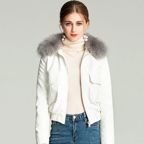 

2021 real natural fox-skin collar new white lady black rider outerwear women's warm winter coats leather jackets n8ku