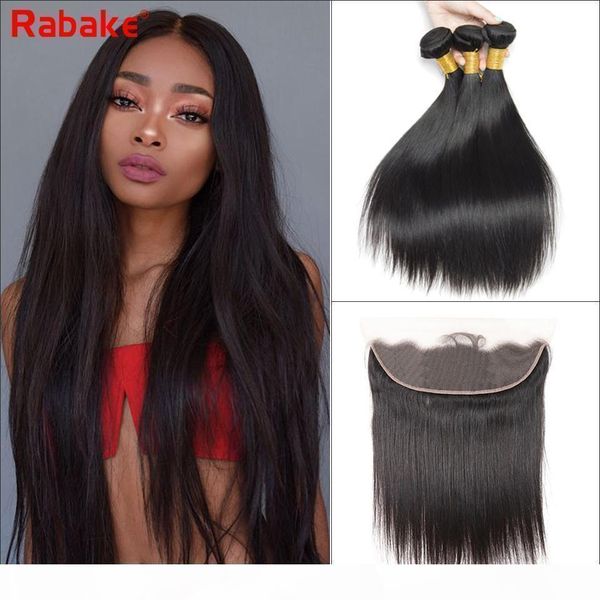 

rabake straight brazilian virgin hair weave bundles with lace frontal 100% unprocessed human hair extensions 13x4 swiss lace bleached knots, Black;brown