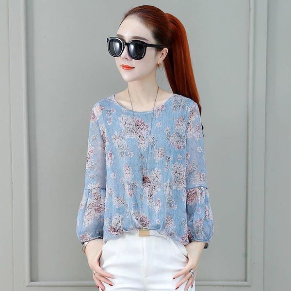 

women spring summer style chiffon blouses shirts lady casual three quarter lantern sleeve flower printed blusas df2949, White