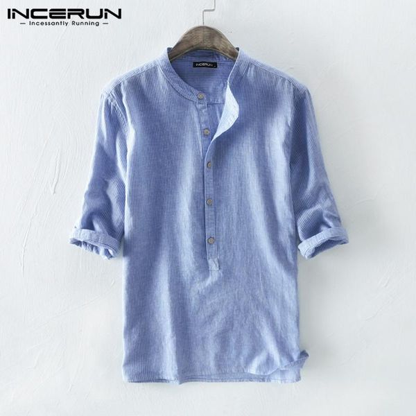 

men's casual shirts incerun mens shirt striped cotton breathable 3/4 sleeve 2021 stand collar harajuku vintage brand men chemise street, White;black