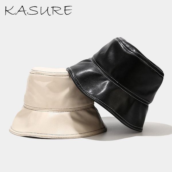 

kasure new fashion hiphop pu leather bucket hat solid color female faux leather outdoor fishing sun screen panama hats fisherman, Blue;gray