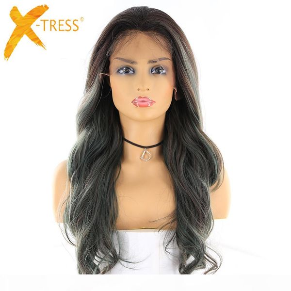 

x-tress ombre grey blonde color synthetic hair 13x4 lace frontal wigs for women 20inch long wavy hair lace wig middle part, Black