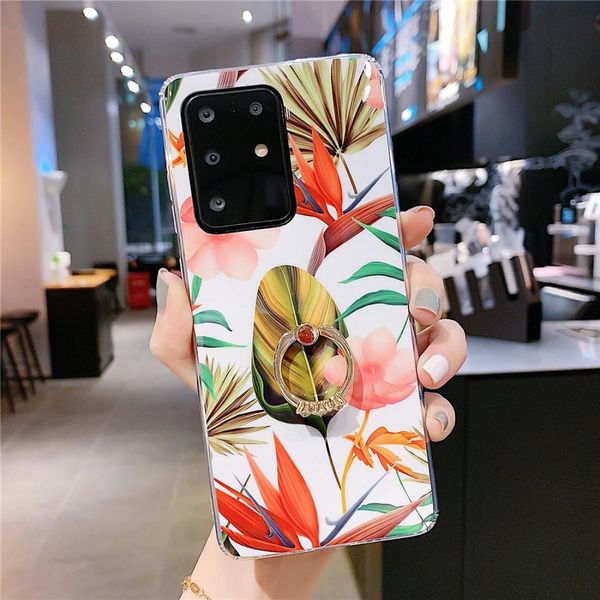 

for galaxy s20 ultra smooth flower series imd tpu case with ring rhinestones holder