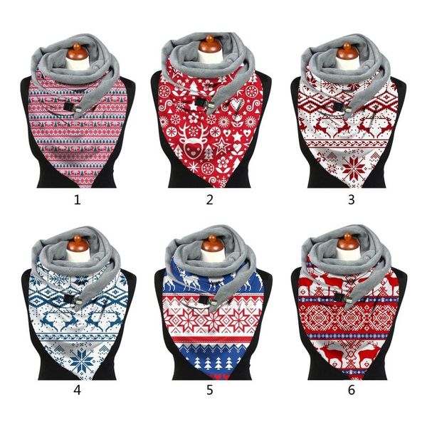 

women winter warm scarf christmas elk snowflake print neck warmer snood with clip thermal blanket button shawl wrap, Blue;gray