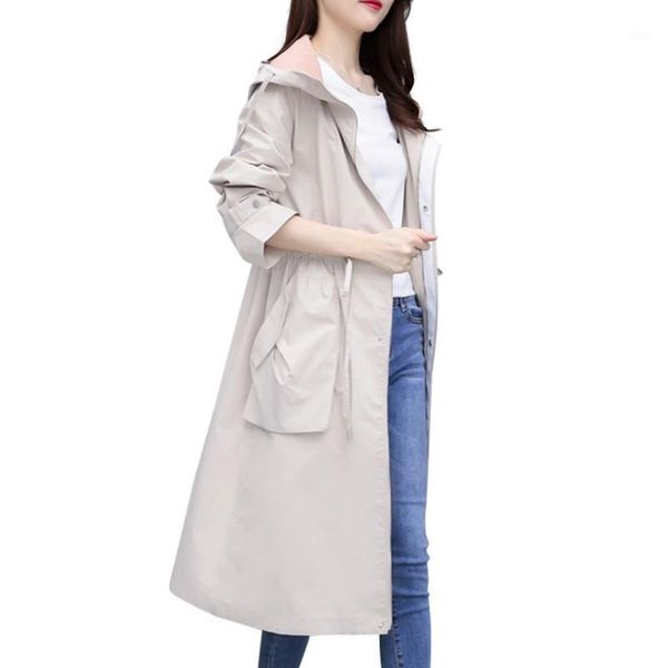 

2019 new autumn women long coat fashion slim large pockets trench coat women casual hooded long sleeve lady windbreaker1, Tan;black