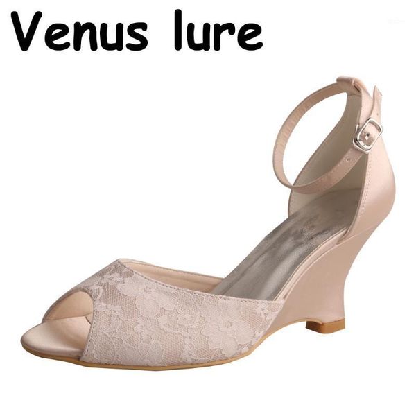 

lace wedge formal shoes nude color ankle strap sandals for bridesmaid1, Black
