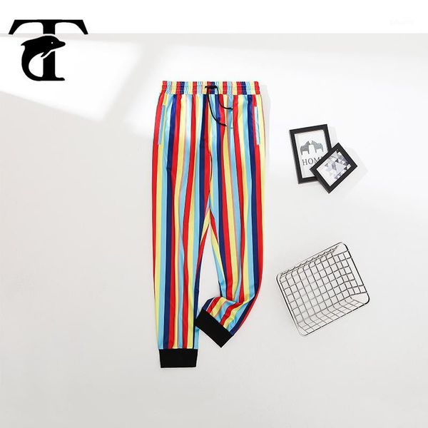 

streetwear men fashion pants brand rainbow color trouser travel joggers seaside casual striped printing sweatpant1, Black