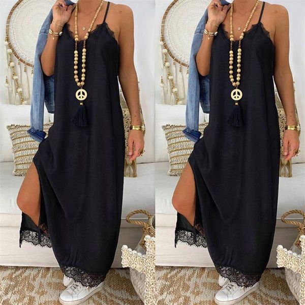 

2021 women summer beach dress ladies loose long v neck lace splicing sleeveless sling maxi dress hign slit solid color, Black;gray