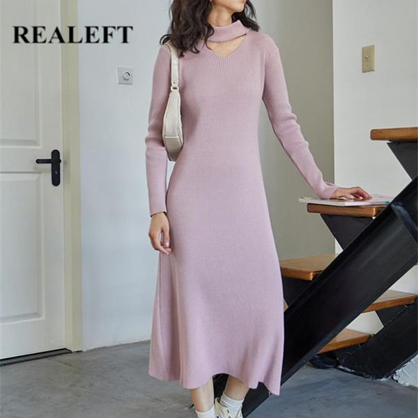 

realeft 2021 new mid length women knitted dress elegant long sleeve solid color knitting slim style ladies dresses winter, Black;gray