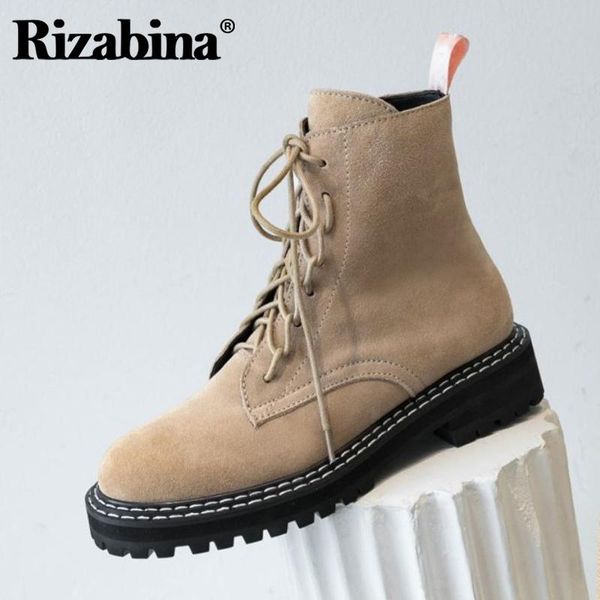 

boots rizabina women ankle real leather fashion flats winter shoes woman cross strap zipper warm short boot footwear size 34-39, Black