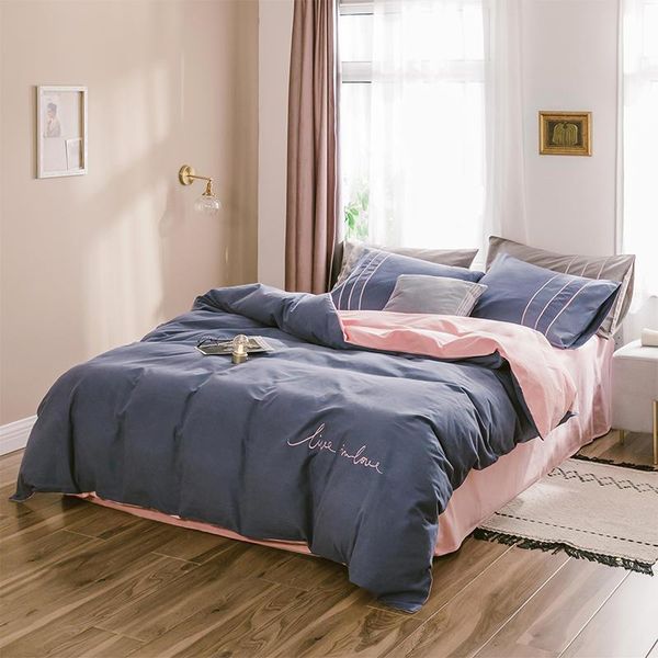 

l thicken line pure color 100% cotton bed linen soft satin bedding sets duvet cover bedspreads fitted embr flat sanding 4pcs