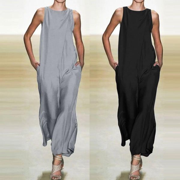 

women's jumpsuits & rompers celmia vintage sleeveless 2021 summer long casual solid wide leg pants loose pockets playsuits overall, Black;white