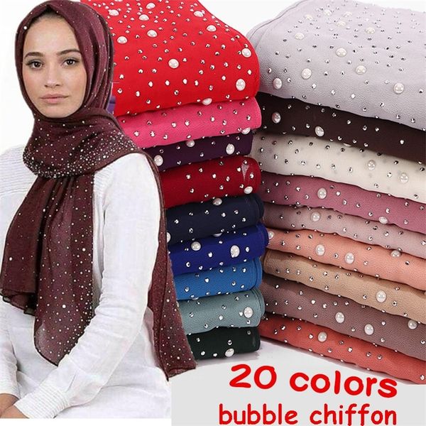 

1 pc new women's bubbles chiffon with diamond studs pearls plain shawls wraps solid color muslim hijab scarf y201007, Blue;gray