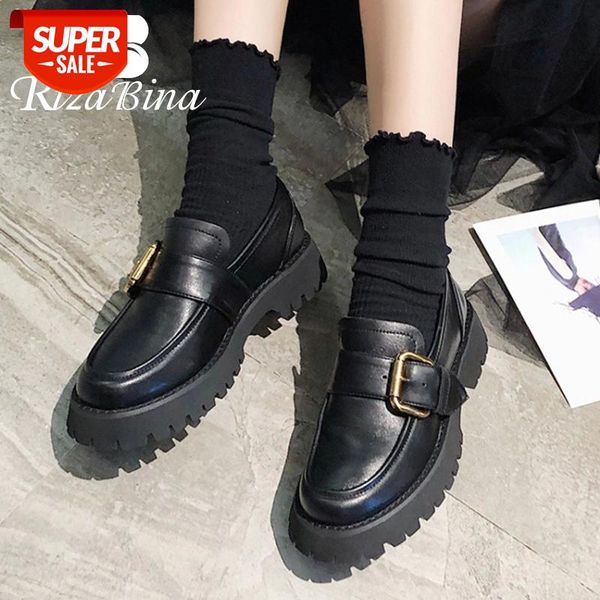 

rizabina women flat shoes real leather metal buckle chunky style women shoes fashion cool daily footwear size 34-41 #cz2f