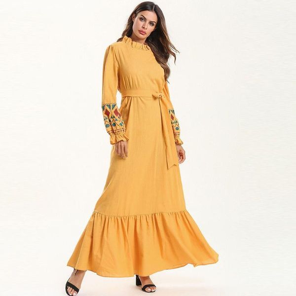 

islamic clothing dubai muslim abaya dress women print lotus leaf lace-up kimono arab long robe outwear party maxi hijab dresses1, Red