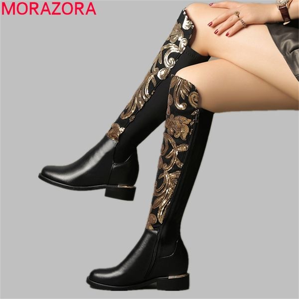 

morazora size 34-42 genuine leather boots women autumn winter boots bling fashion stretch knee high boots ladies shoes y200723, Black
