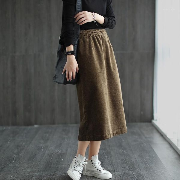 

autumn winter skirt women retro slim-type all-match skirt women new elastic waist split the fork casual corduroy1, Black