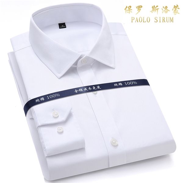 En Kaliteli Erkek Örgün Elbise Gömlek Uzun Kollu Beyaz Saf Pamuk Iş Slim Fit Artı Boyutu Ofis Demir Bluz 201123