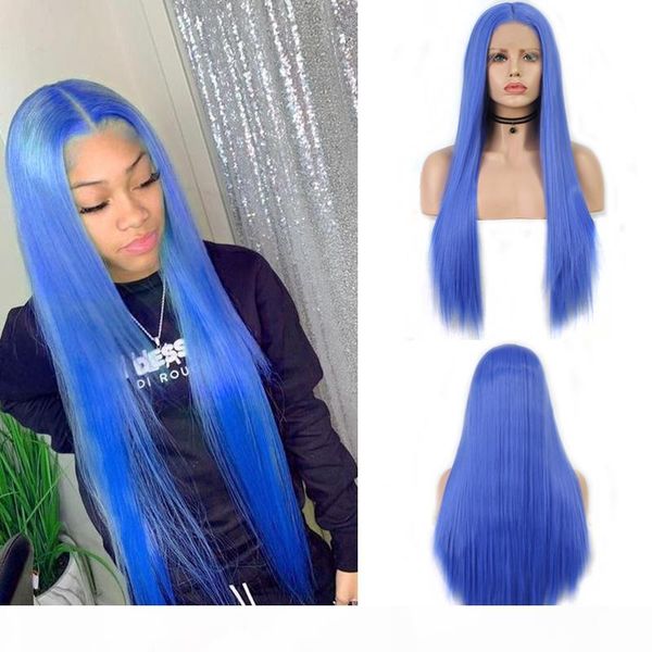 

charisma long straight hair blue wig middle part synthetic lace front wig heat resistant wigs for women cosplay, Black